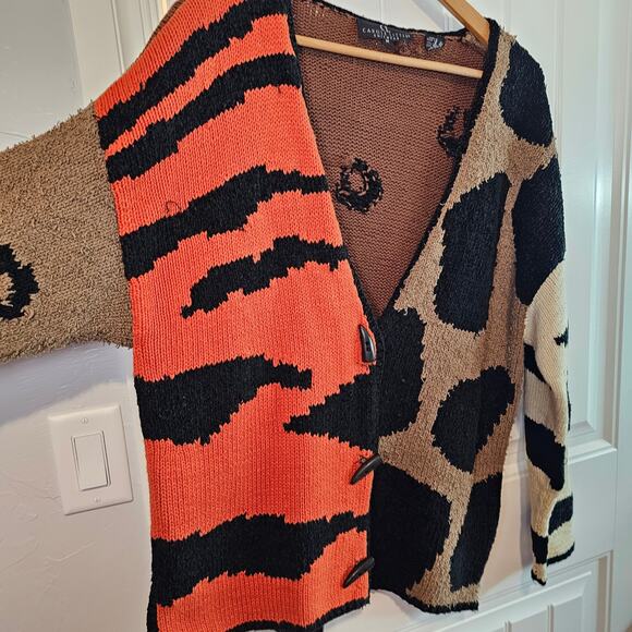 Vtg Carole Little Cardigan Women Med Brown Animal Print Knit Patchwork Boho Cats - Picture 3 of 11